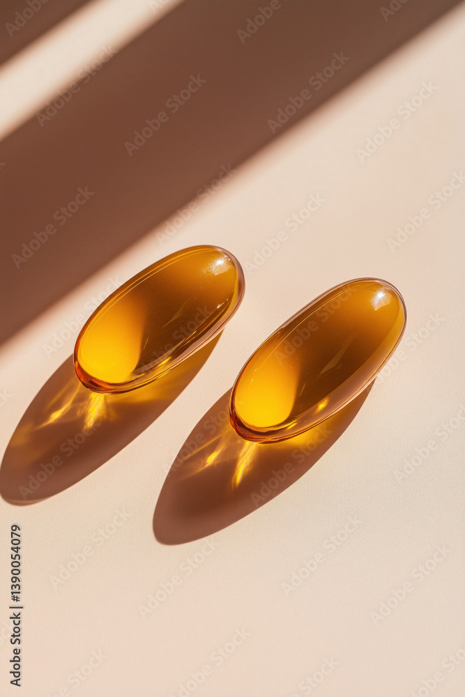 Two golden omega-3 fish oil capsules lie on a beige surface with soft shadows.