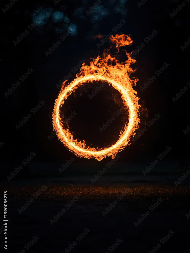 A vibrant ring of fire burns against a dark, almost black background with a hint of ground below.