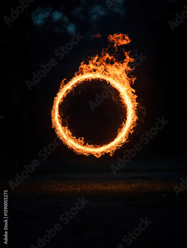Obraz na płótnie A vibrant ring of fire burns against a dark, almost black background with a hint of ground below. w salonie
