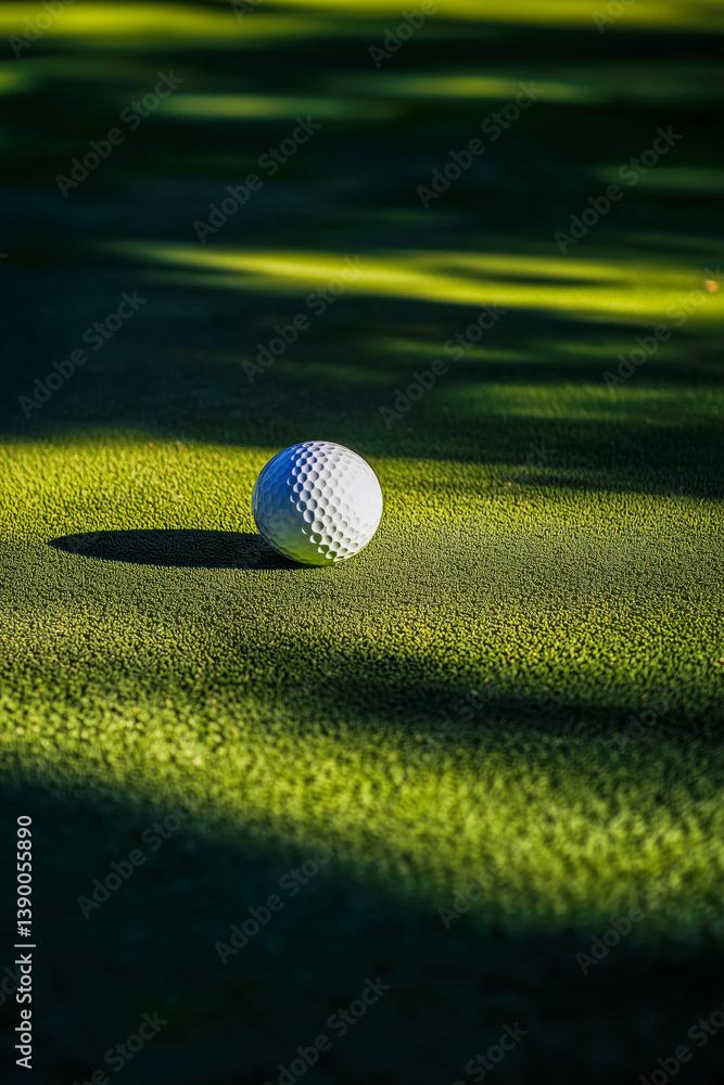 A white golf ball rests on a patch of green artificial turf, partially illuminated by sunlight and casting a shadow.