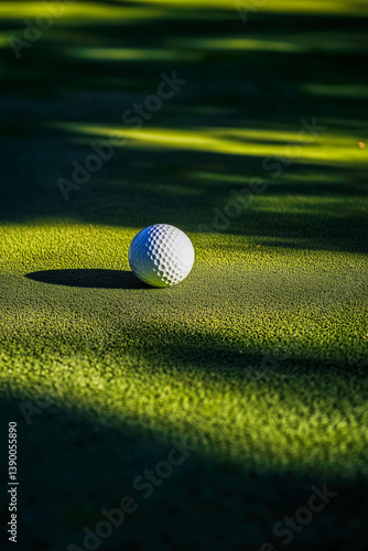 A white golf ball rests on a patch of green artificial turf, partially illuminated by sunlight and casting a shadow.