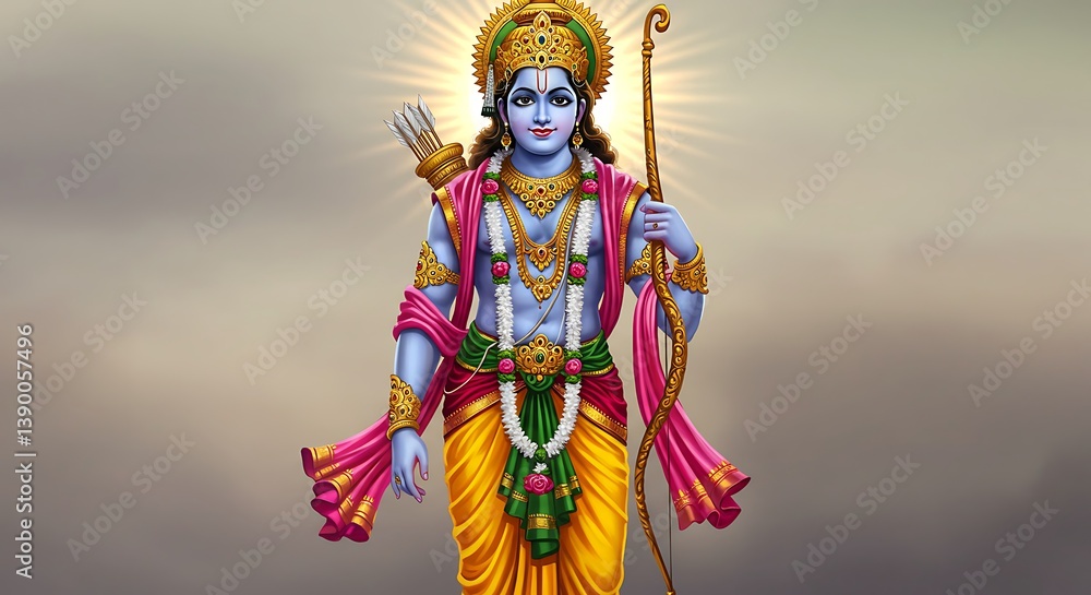 Majestic depiction of Lord Rama holding his bow radiating divine aura Majestic depiction of Lord Rama holding his bow radiating divine aura
