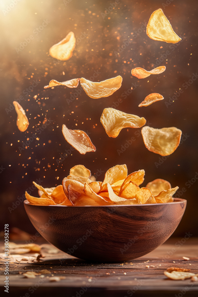 Golden potato chips fly out of a dark wooden bowl, with scattered crumbs and a warm, inviting light.