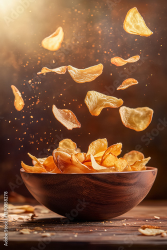 Obraz na płótnie Golden potato chips fly out of a dark wooden bowl, with scattered crumbs and a warm, inviting light. w salonie