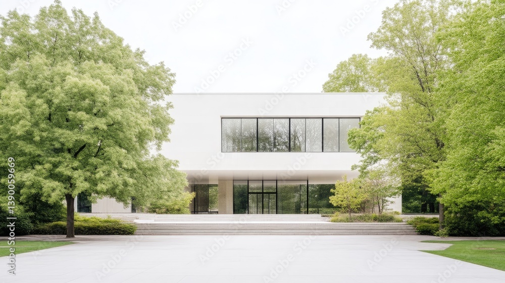 Fototapeta premium Modern architectural facade with lush landscaping. A minimalist, light-colored building, situated on a large property, features a wide entrance and large windows.