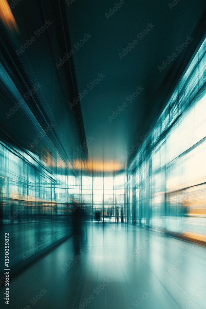 Blurred motion of people walking through a modern airport terminal with large windows and teal tones.