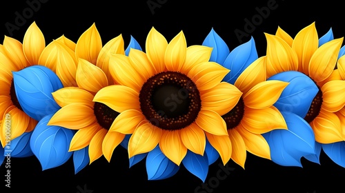 Vibrant sunflowers and blue leaves against a stark black background