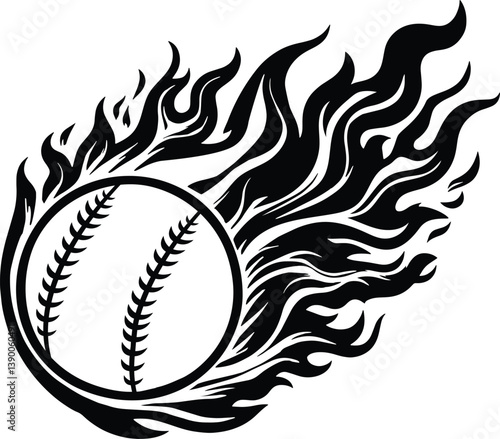 Flaming baseball, baseball ball with simple flame. Baseball softball ball vector illustration with hot rod flames. Baseball ball on fire