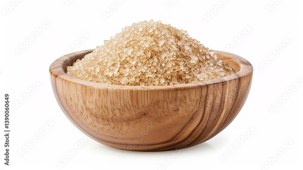 A wooden bowl that is filled with raw brown sugar crystals, presented in an isolated manner on a white background with elements of generative AI. The rustic wooden bowl and the natural brown sugar A wooden bowl that is filled with raw brown sugar crystals, presented in an isolated manner on a white background with elements of generative AI. The rustic wooden bowl and the natural brown sugar