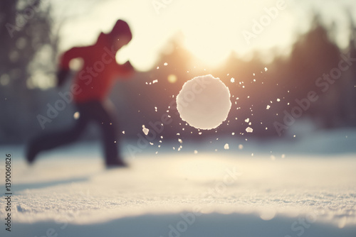Obraz na płótnie A snowball flies through the air, with a blurred figure of a person throwing it in the snowy background against a bright, hazy sunlight. w salonie