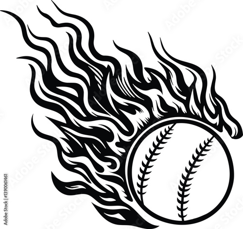 Flaming baseball, baseball ball with simple flame. Baseball softball ball vector illustration with hot rod flames. Baseball ball on fire