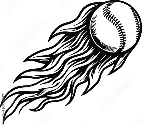 Baseball ball on fire. Baseball softball ball vector illustration with hot rod flames. 