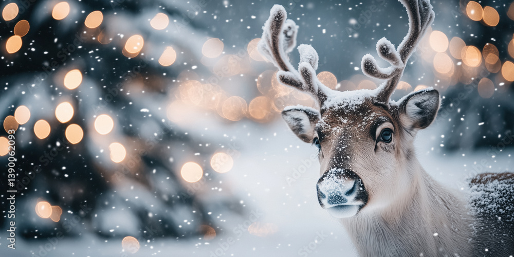 A reindeer with snow-covered antlers and face stands in a snowy forest with blurred warm lights in the background, possibly depicting a festive Christmas scene.