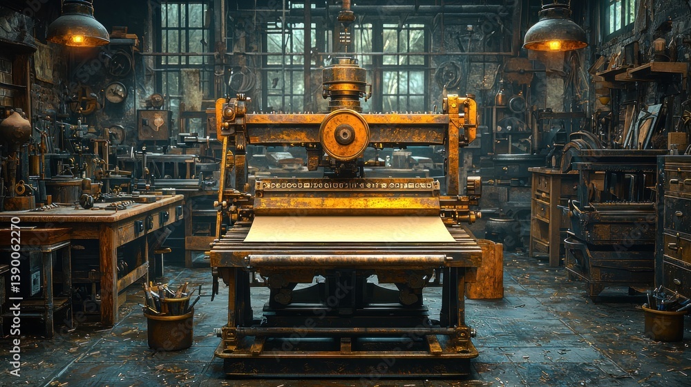 Antique printing press in workshop Antique printing press in workshop