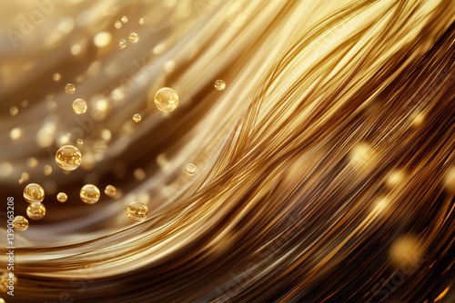 Abstract close-up of flowing, shiny golden hair strands with floating golden serum molecules oil droplets.