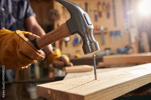 Craftsman hammering a nail into wood in a workshop  