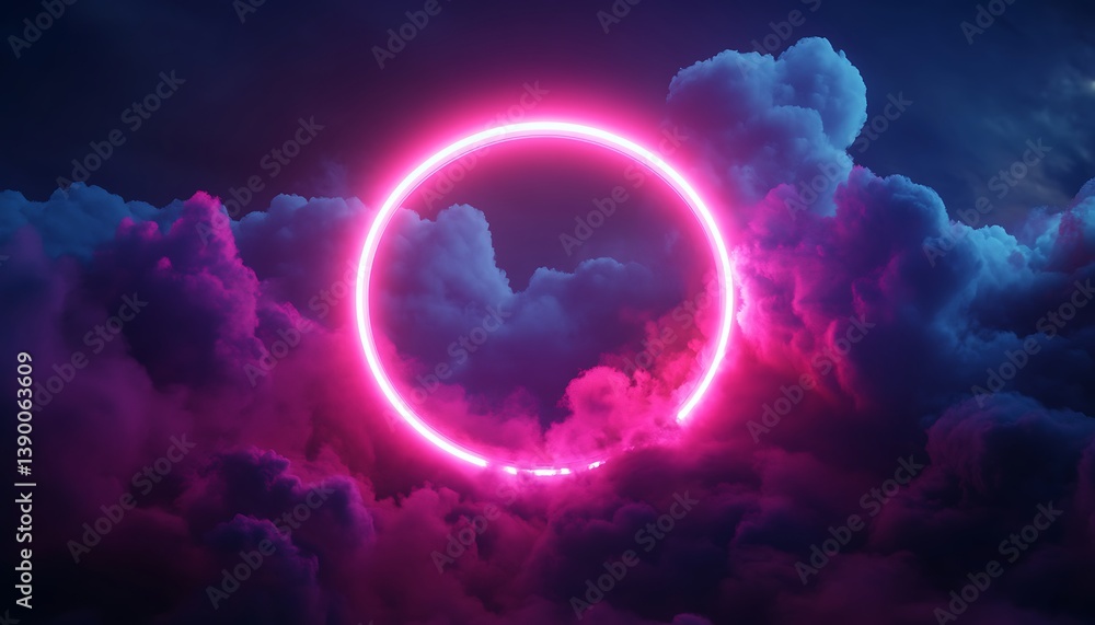 Fototapeta premium Neon circle in the dark with smoke. 3D rendering.