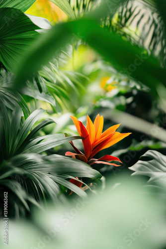 Obraz na płótnie A vibrant orange and red Guzmania flower stands out amidst lush green tropical foliage. w salonie