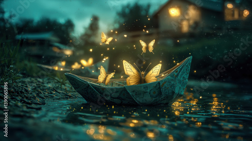A paper boat filled with butterflies floats on a river at night, surrounded by twinkling lights.