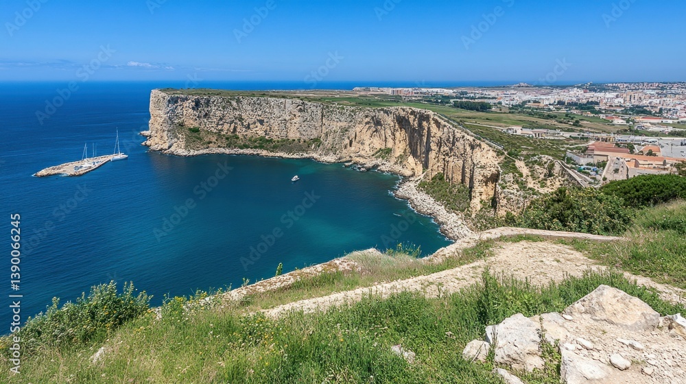 Naklejka premium Coastal cliffs meet the azure sea. A scenic view of a Mediterranean bay