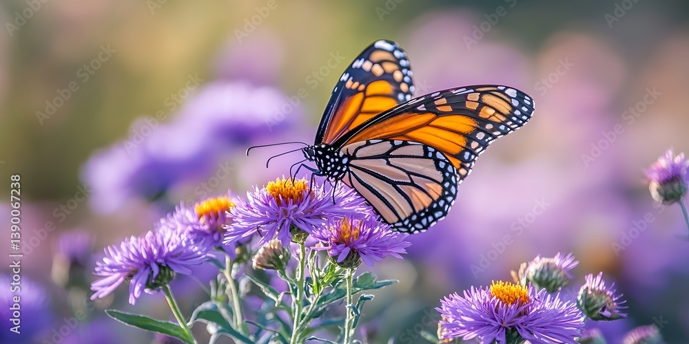 Obraz premium Vibrant Monarch Butterfly on Purple Flowers in Natural Habitat