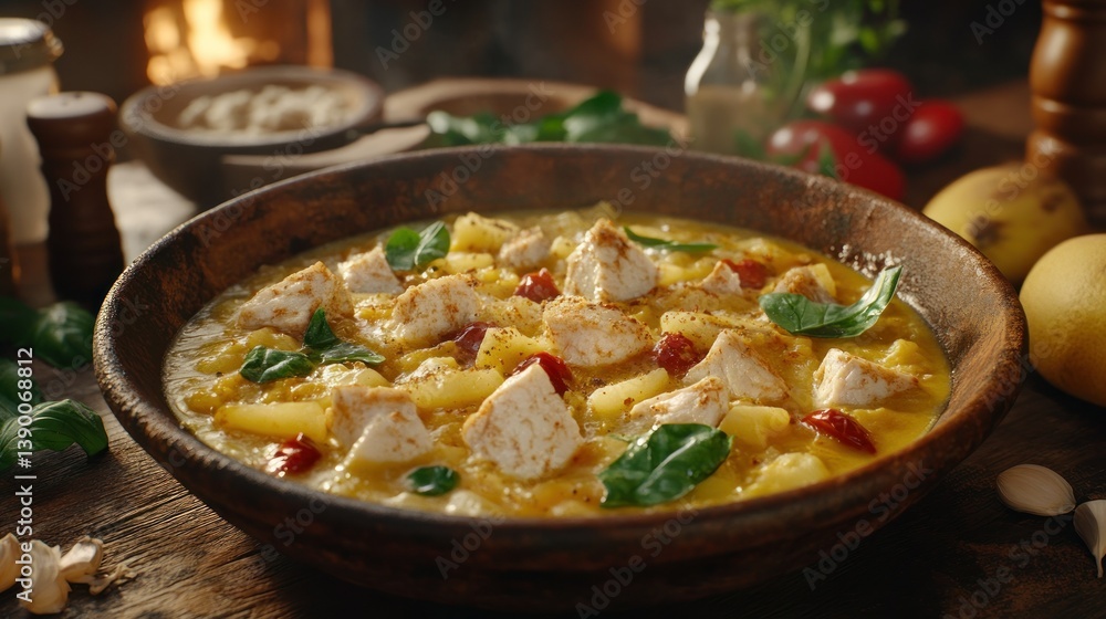 Hearty chicken and potato stew, steaming hot in a rustic bowl Hearty chicken and potato stew, steaming hot in a rustic bowl