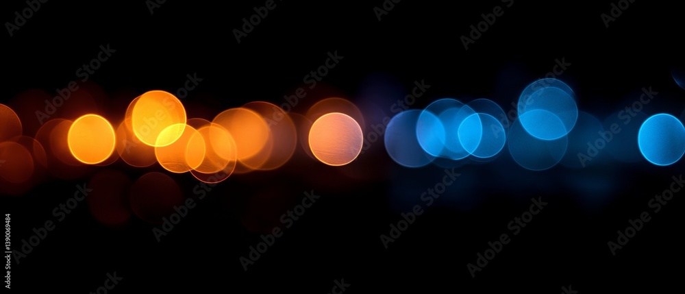 Defocused blue yellow orange radiance soft texture on dark black abstract empty space background. Neon blur glow. Color light overlay. Copy space.
