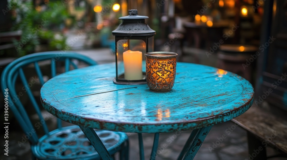 Outdoor cafe table with teal chairs and lanterns Outdoor cafe table with teal chairs and lanterns