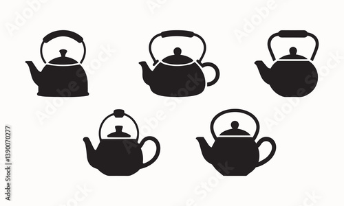 Vector Silhouette Teapot Icons in Various Shapes for Kitchen and Tea Designs, Teapot Silhouettes in Various Classic and Modern Designs for Kitchen Icons
