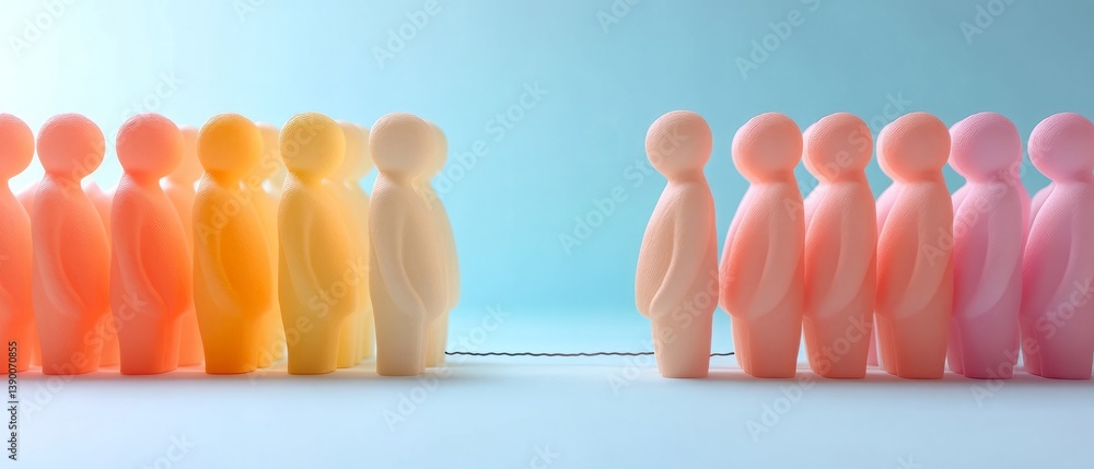 Two groups of pastel-colored 3D figures divided by a line, representing gender segregation or diversity.