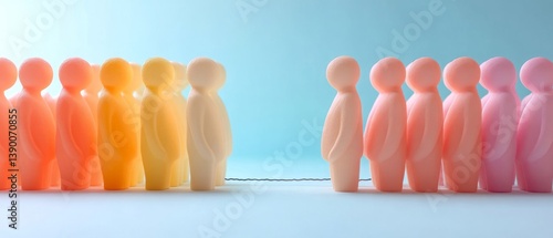 Obraz na płótnie Two groups of pastel-colored 3D figures divided by a line, representing gender segregation or diversity. w salonie