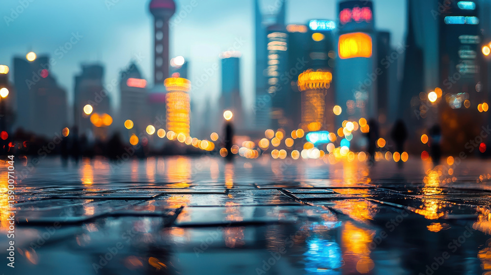 Fototapeta premium rainy cityscape with blurred lights reflecting on wet pavement, creating vibrant and atmospheric urban scene