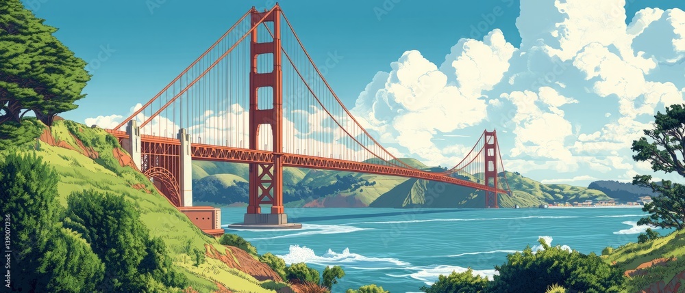 Illustration of the Golden Gate Bridge in California. png architectural illustration of the Golden Gate Bridge landmark in the USA