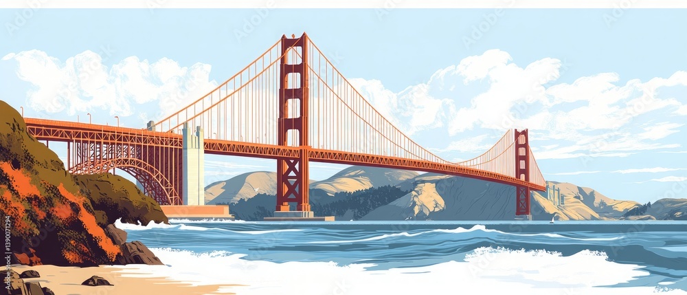Illustration of the Golden Gate Bridge in California. png architectural illustration of the Golden Gate Bridge landmark in the USA