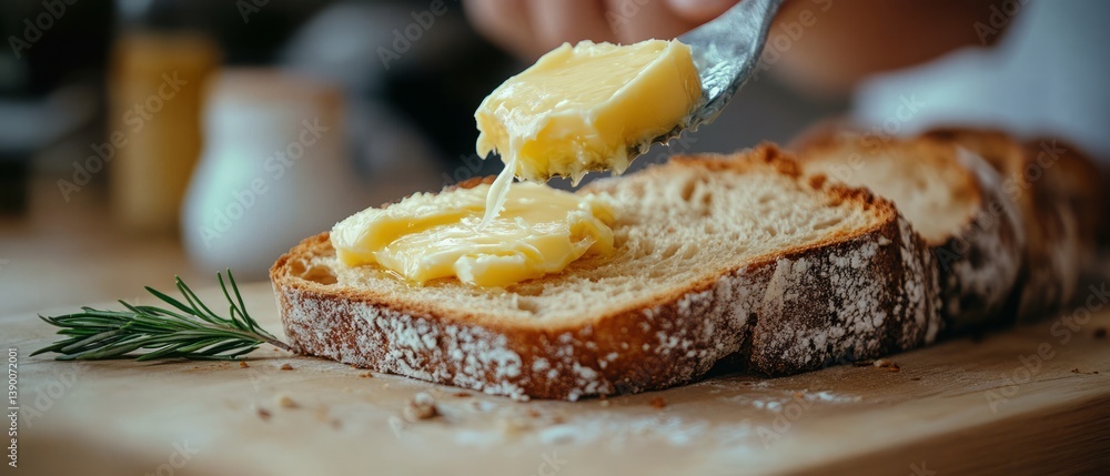 Organic butter being spread onto a slice of sourdough bread. A depiction of carbohydrates and fats