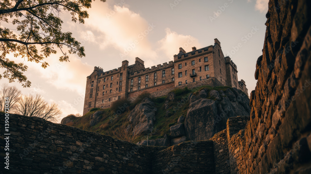 historic castle perched on rocky hill, surrounded by ancient stone walls and trees, under beautiful sky at sunset