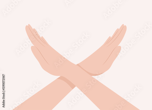 Two hands crossed in a denial or stop gesture. Flat vector illustration
