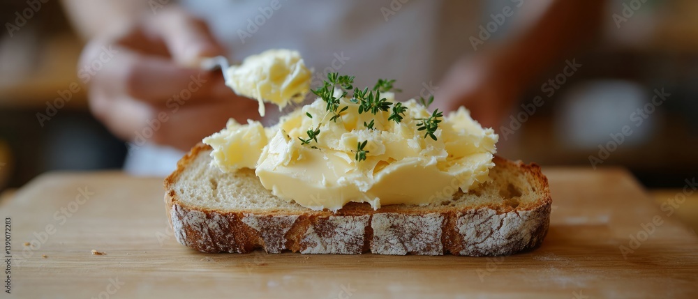 Organic butter being spread onto a slice of sourdough bread. A depiction of carbohydrates and fats