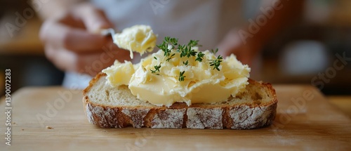 Obraz na płótnie Organic butter being spread onto a slice of sourdough bread. A depiction of carbohydrates and fats w salonie