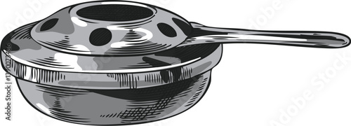 Container with handle for heating fondue bowl hand drawn vector color illustration, fondue burner cooking utensil sketch