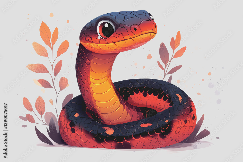 Fototapeta premium A cute snake, comic character Design, flat illustration, vector, clean white background.