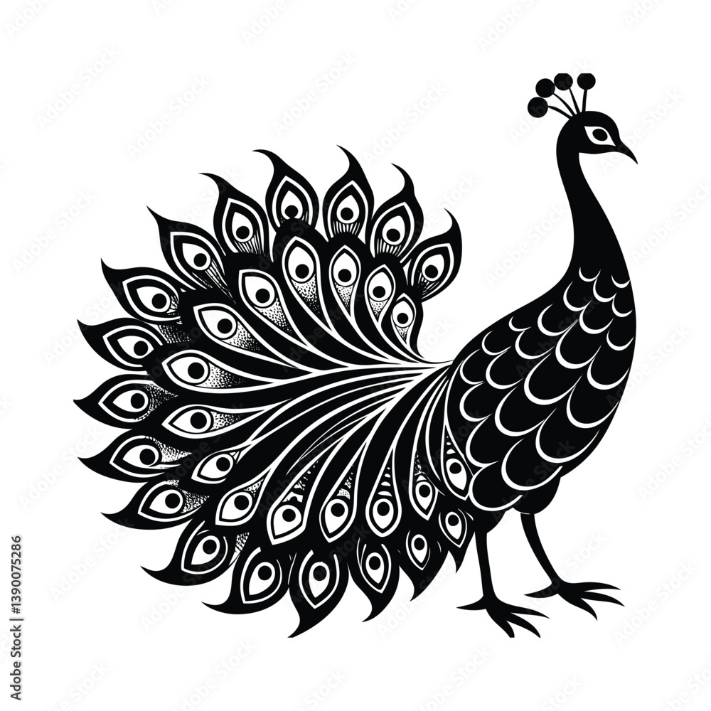 Fototapeta premium Peacock Silhouette Vector Illustration – Black Peacock Icon on White Background in Elegant Style