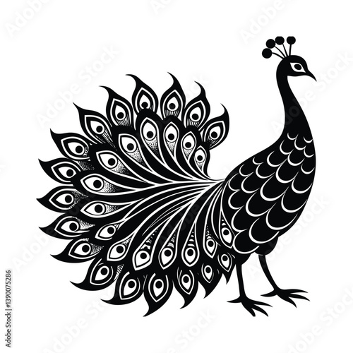 Peacock Silhouette Vector Illustration – Black Peacock Icon on White Background in Elegant Style