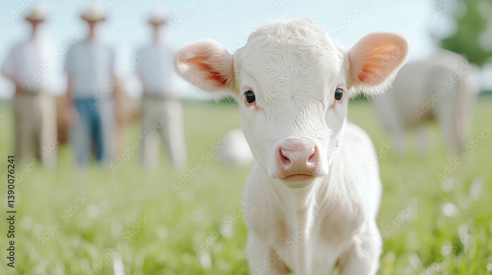 Obraz premium White Calf Farmers Background, Soft Natural Lighting, Close-up Portrait View, Gentle Expressions, Curious Gaze, Pasture Setting, Warm Sunny Hues, Agricultural Advertising.