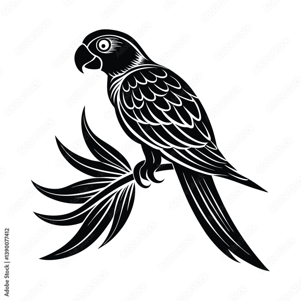 Obraz premium Parrot Silhouette Vector Illustration – Black Parrot Icon on White Background in Minimalist Style