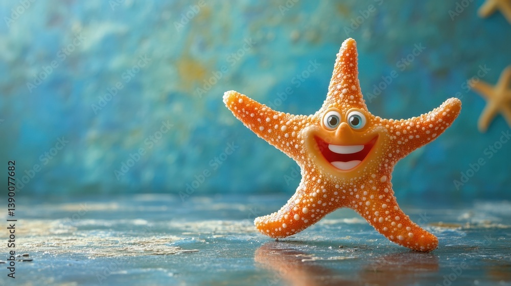 Cheerful Orange Starfish Toy with a Smile on a Colorful Ocean Background for Fun and Playful Imagery Cheerful Orange Starfish Toy with a Smile on a Colorful Ocean Background for Fun and Playful Imagery