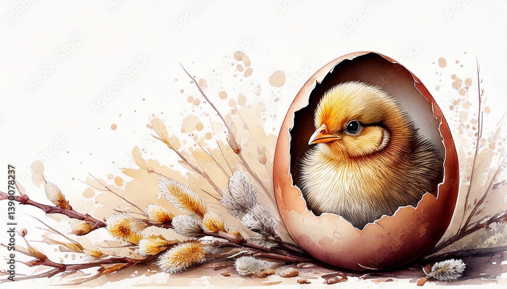 Wykluwający się z jajka kurczaczek otoczony gałązkami bazi. Ilustracja akwarela