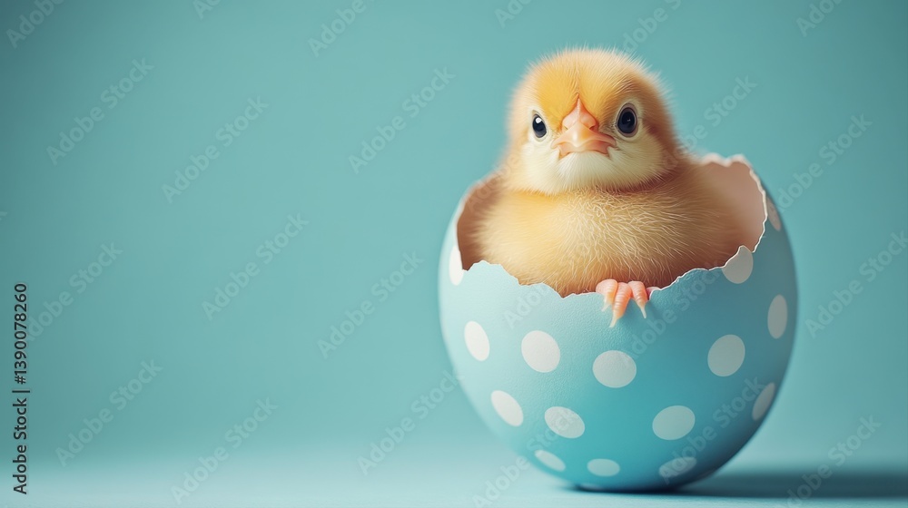 Cute Yellow Chick Emerging from Blue Polka Dot Egg on Soft Turquoise Background in Spring or Easter Theme Cute Yellow Chick Emerging from Blue Polka Dot Egg on Soft Turquoise Background in Spring or Easter Theme