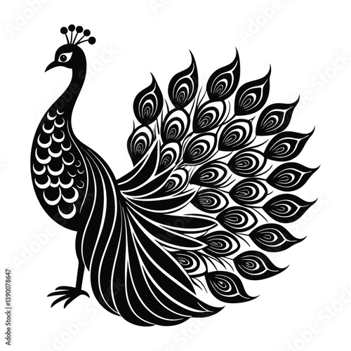 Graceful Peacock Silhouette Design – Vector Black Peacock Graphic Isolated on White Background