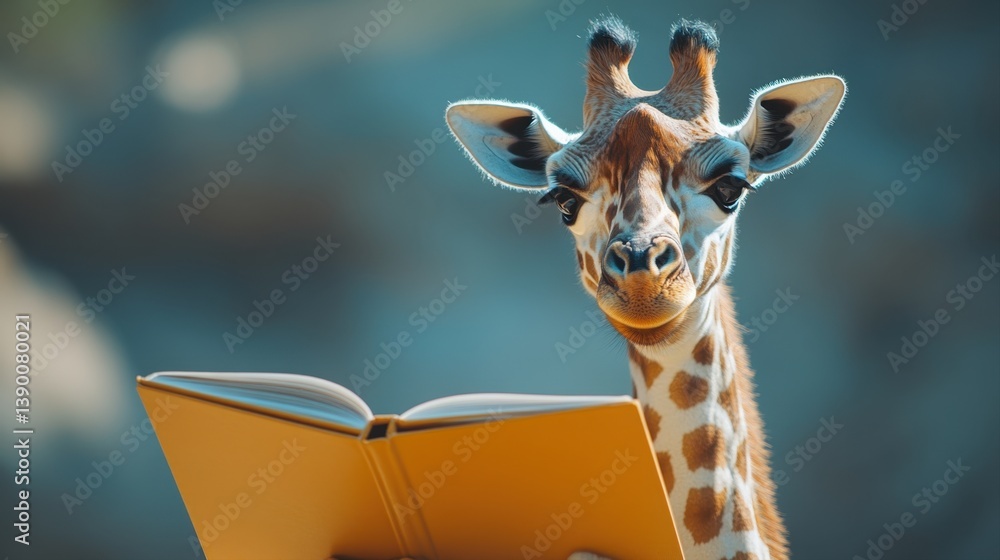 Obraz premium Giraffe Curious About Reading Material in a Natural Setting with Soft Focus on Background Elements